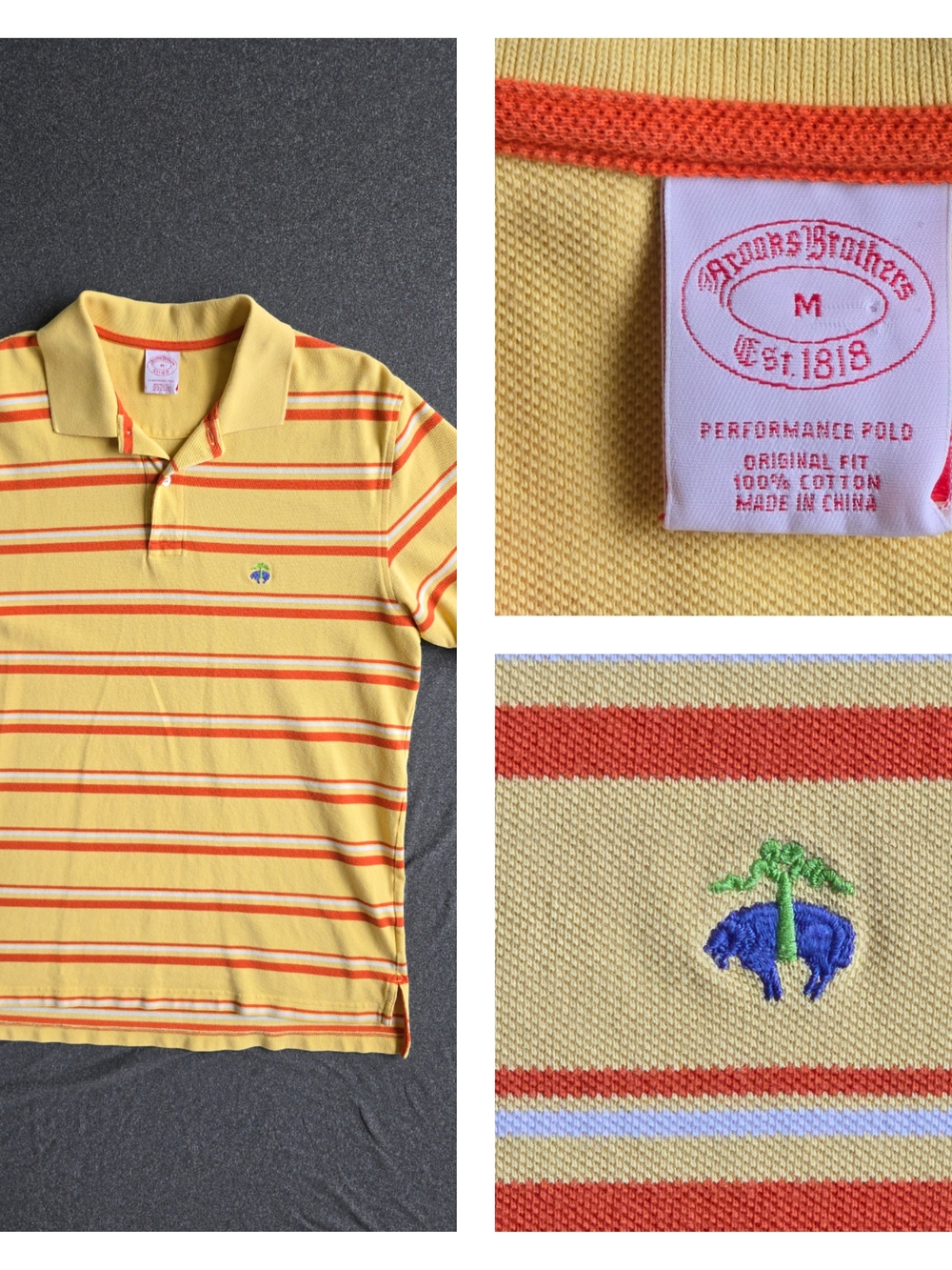 Brooks Brothers Men’s Medium Polo Shirt Original Fit Striped Orange Yellow White
